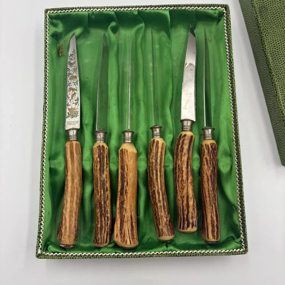Vintage Anton Wingen Jr. Solingen Carving Steak Knives Stag Horn Handles Steel